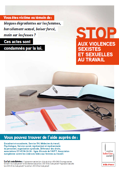 Stop aux violences sexistes et sexuelles au travail (affiche) Centre Hubertine Auclert (PDF - 115 Ko)