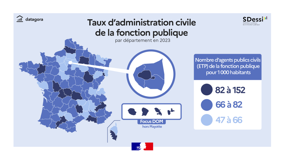 Taux d'administration civile de la fonction publique par département (hors Mayotte) en 2023